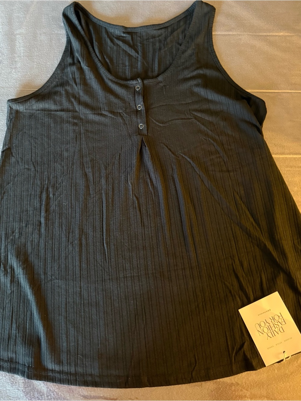 Women's Black Ribbed Tank Top with Front Button Detail
